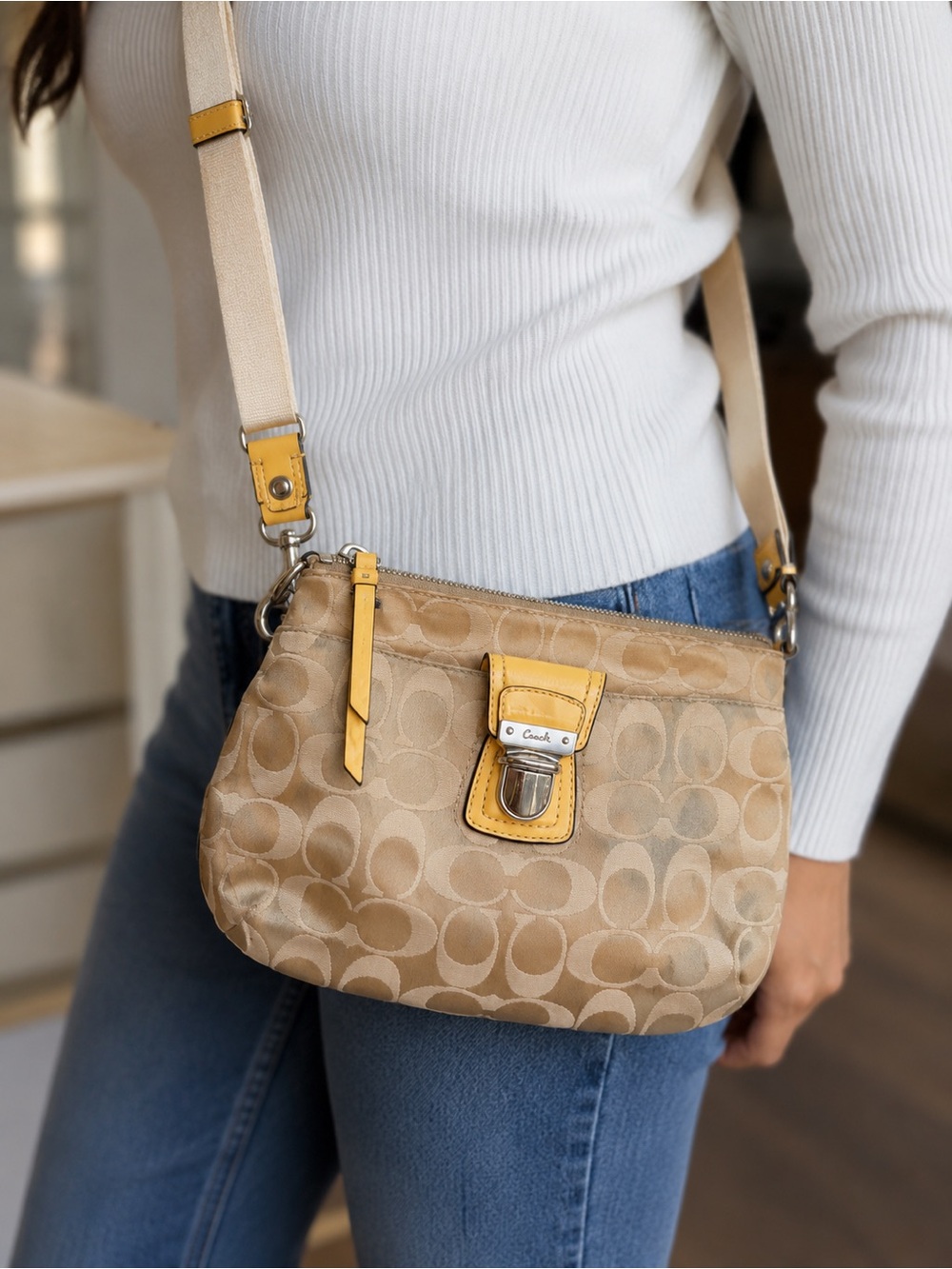 Coach Beige Signature Jacquard Canvas Crossbody with Yellow Trim EUC